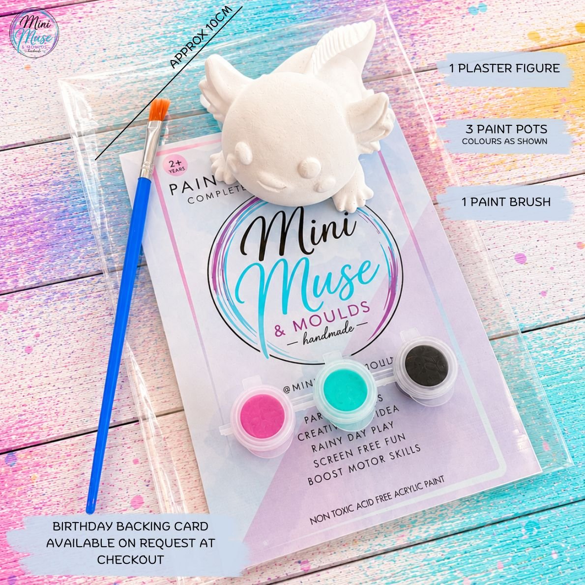Axolotl ready-to-paint plaster craft kit, a unique kids painting kit and creative party bag filler for birthdays.