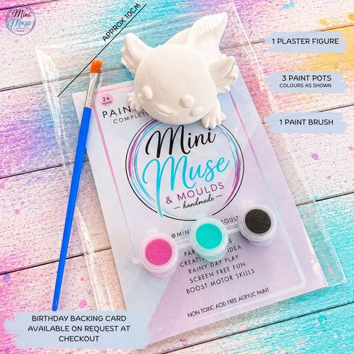 Axolotl ready-to-paint plaster craft kit, a unique kids painting kit and creative party bag filler for birthdays.