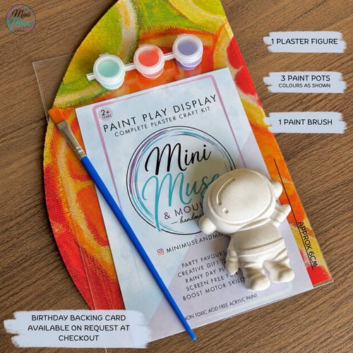Astronaut ready-to-paint plaster craft kit with paints and brush, perfect for space-themed birthday party activities and kids painting fun.